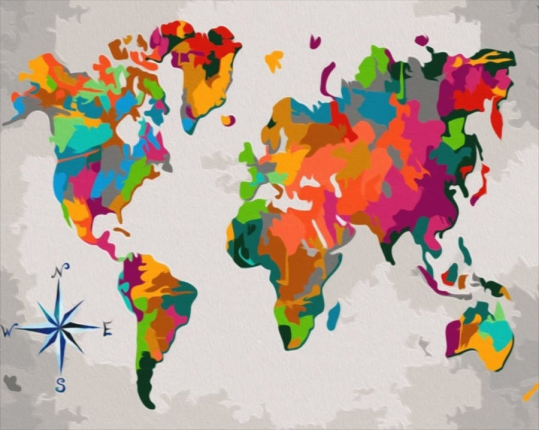 Barna és Színes Világtérkép - számfestő készlet