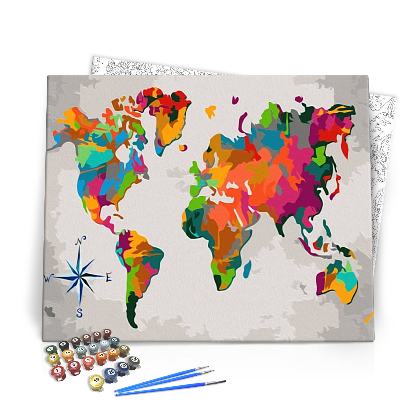 Barna és Színes Világtérkép - számfestő készlet