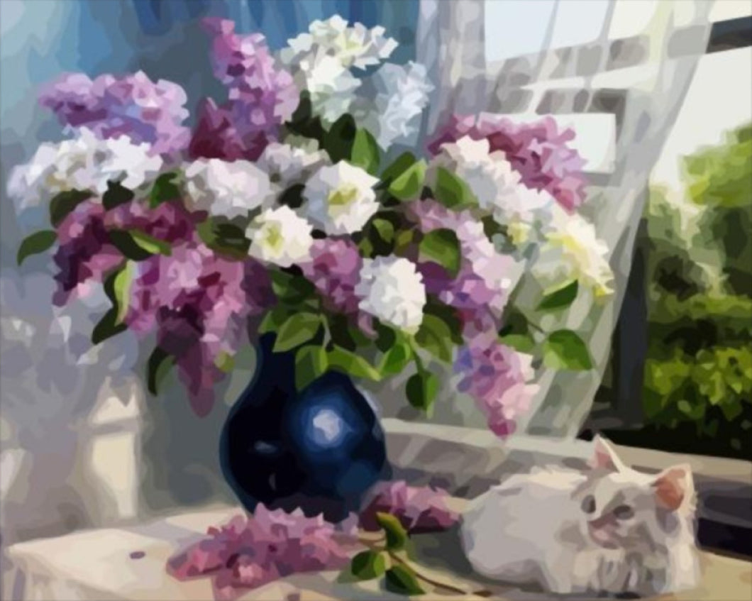 Cica az orgona mellett - számfestő készlet