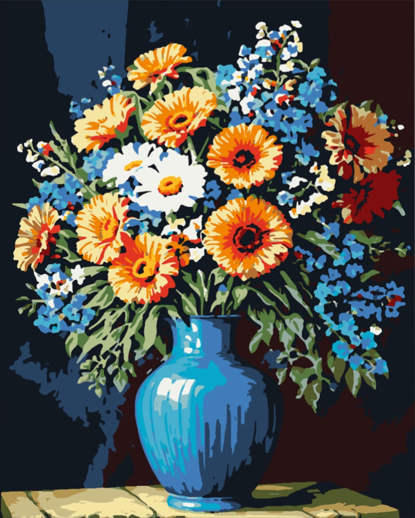 Kék árnyékban virító virágok - számfestő készlet