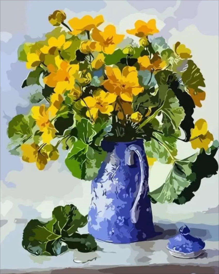 Kék vázában sárga virágok - számfestő készlet