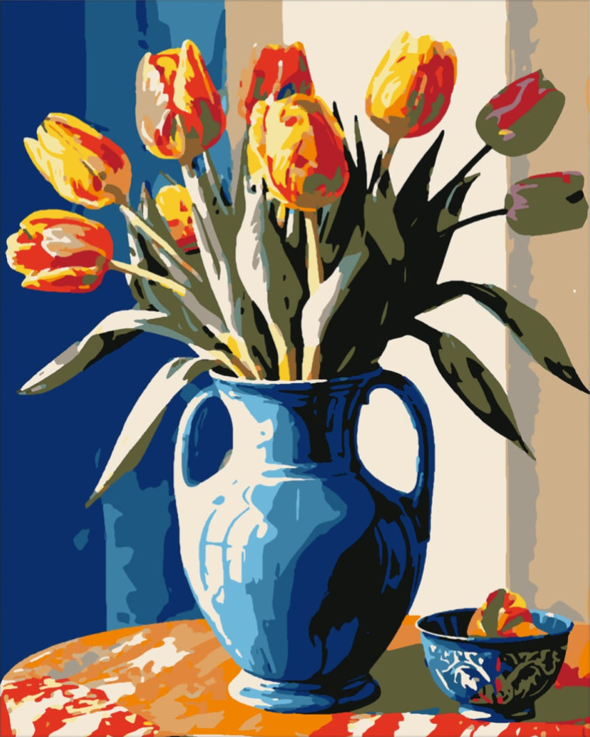 Kék vázában tündöklő tulipánok - számfestő készlet