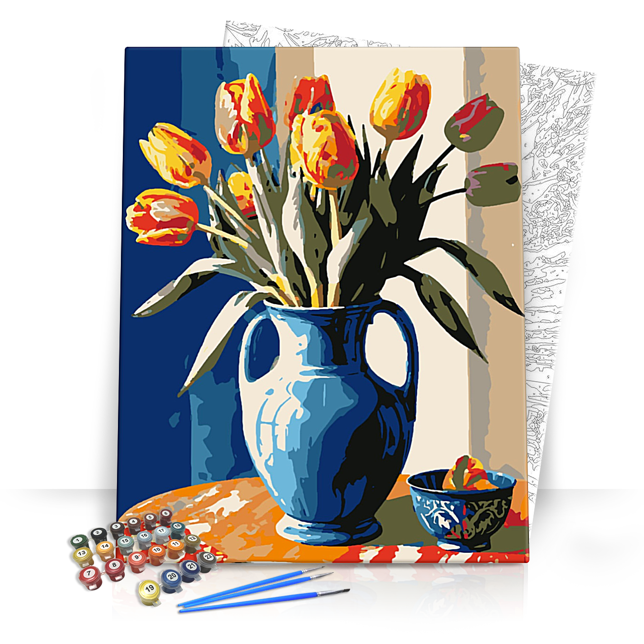 Kék vázában tündöklő tulipánok - számfestő készlet