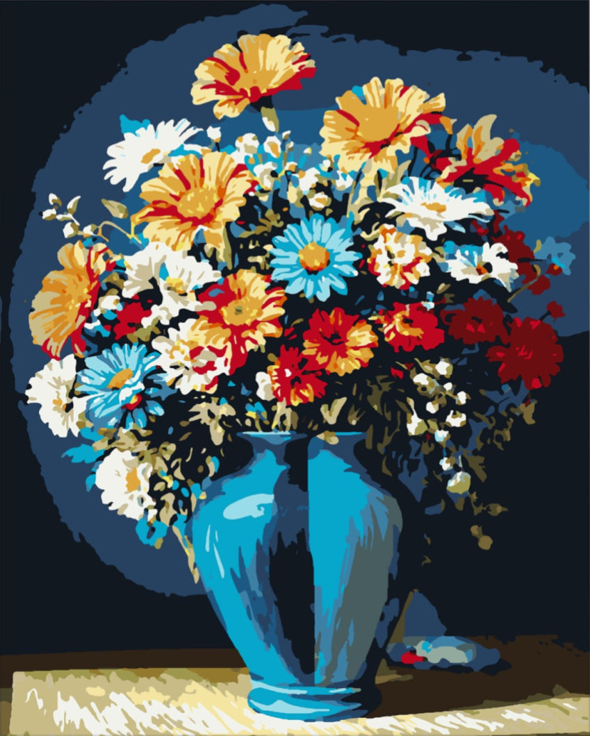 Kék vázában virágcsokor - számfestő készlet