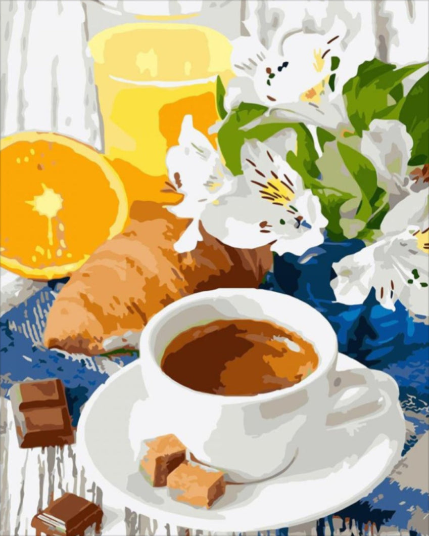 Reggeli fehér virágokkal - számfestő készlet