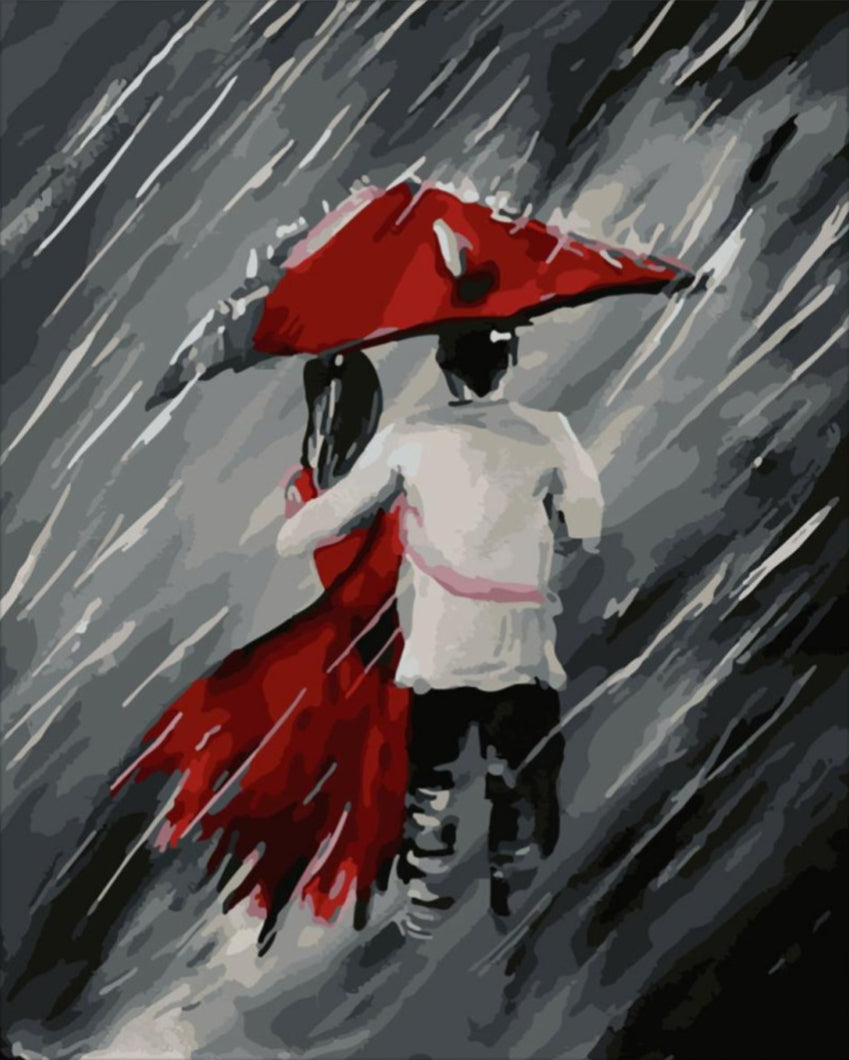 Romantikus pár az esőben - számfestő készlet