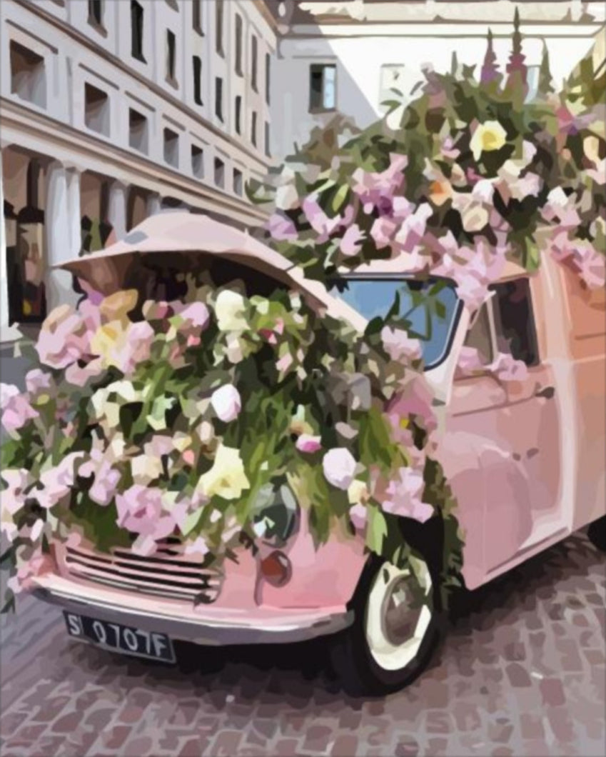 Rózsaszín autó virágokkal - számfestő készlet