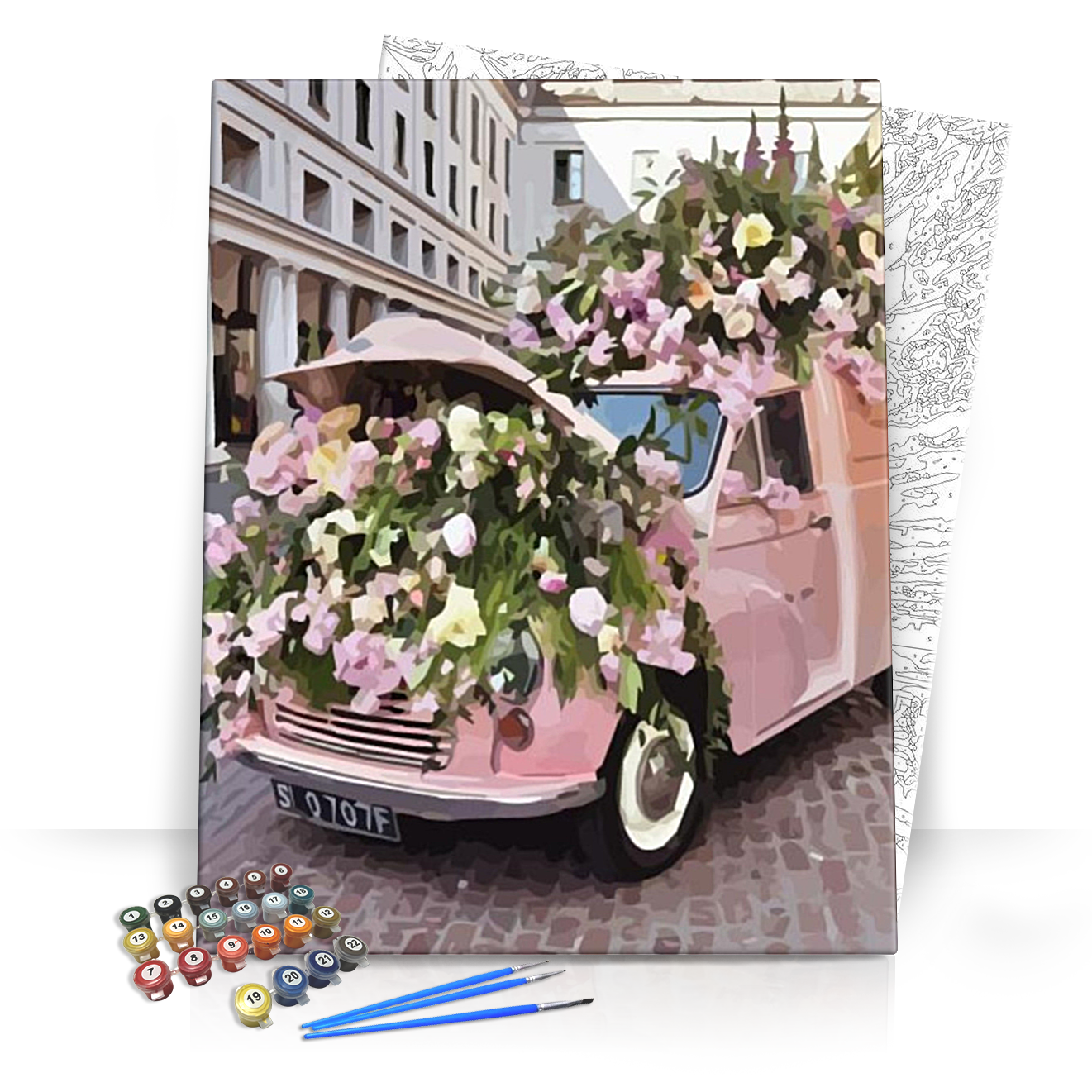Rózsaszín autó virágokkal - számfestő készlet