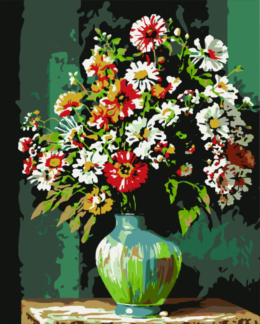 Virágcsokor zöld vázában - számfestő készlet