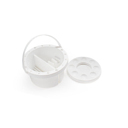 Kerek műanyag edény ecsetetek tisztítására és tárolására, fedővel