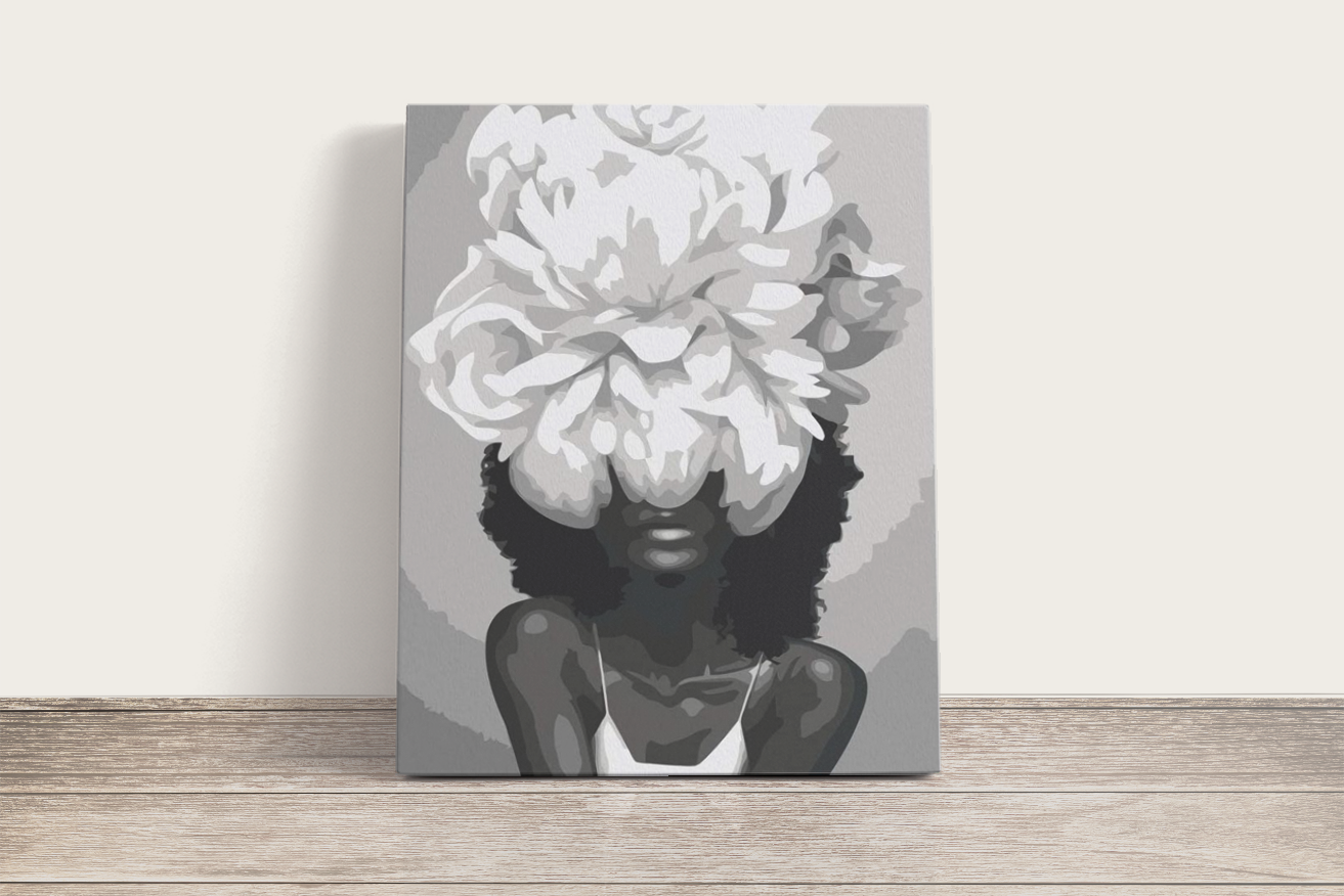 Fekete Fehér Nő Virággal - számfestő készlet
