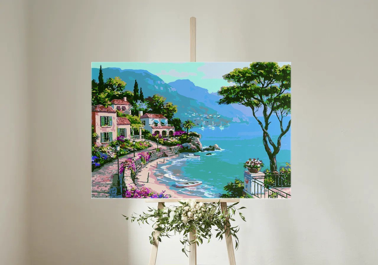 Mediterrán tengerparti falu - számfestő készlet