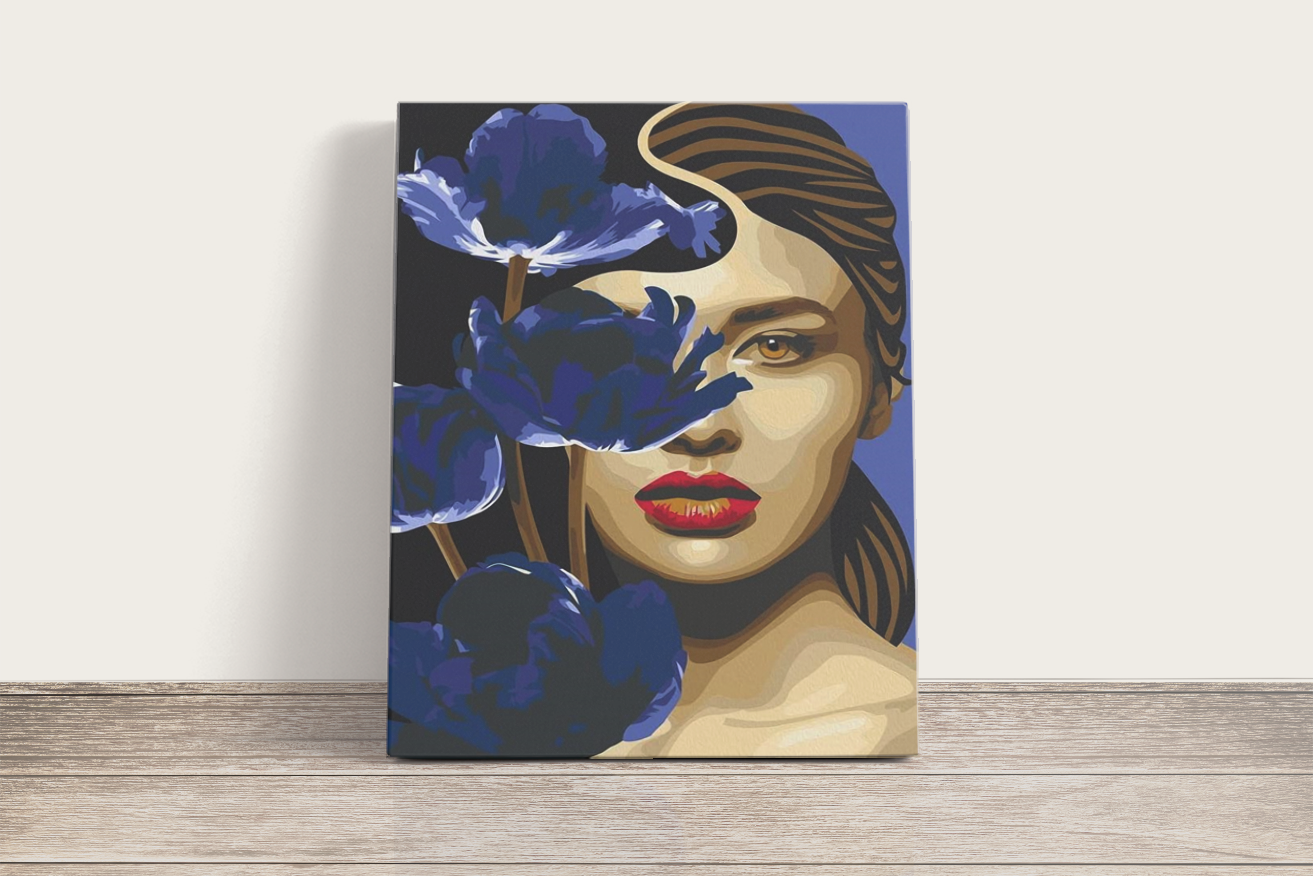 Nő Kék Virágszálakkal - számfestő készlet